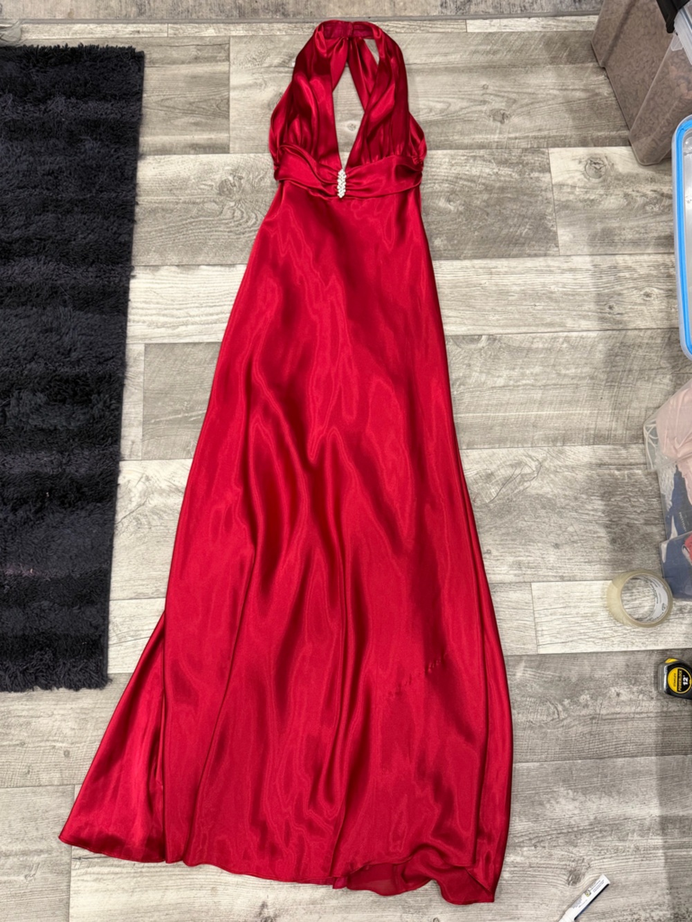 Betsy & Adam Red Satin Halter Evening Gown
